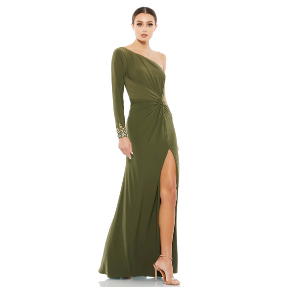 Ieena By Mac Duggal One Sleeve Beaded Cuff Side Twist Gown Dress Olive Green 8 - Picture 1 of 9
